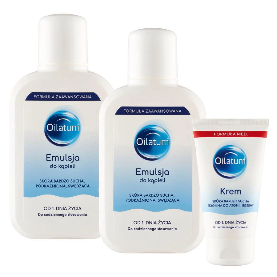 Set Oilatum Advanced Formula, emulsión de baño, a partir de 1 día de vida, 2 x 250 ml + crema, piel seca, muy seca, propensa a atopias y alergias, 150 g por 1 céntimo