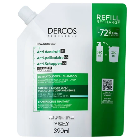 Vichy Dercos Anticaspa DS, champú anticaspa, cabello normal y graso, recambio, 390 ml