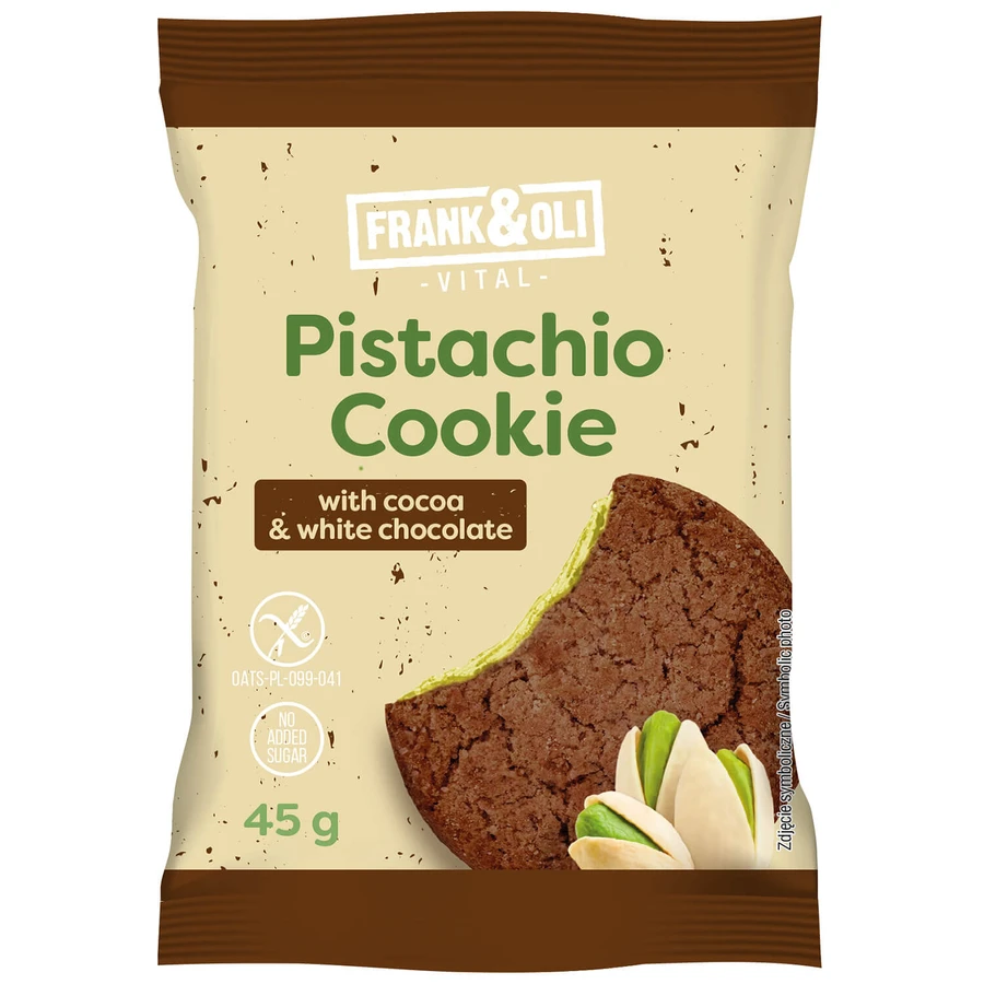 Frank&Oli Pistachio Cookie, soft cookie, cocoa and white chocolate, 45 g