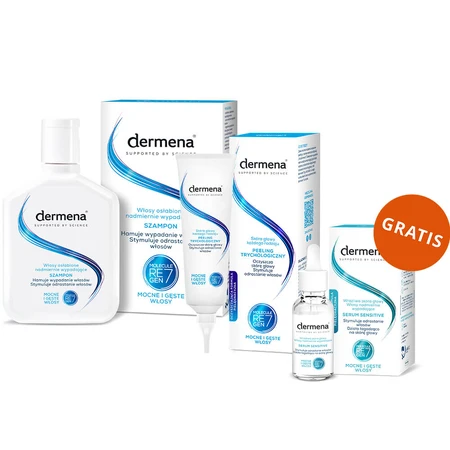 Dermena Haarverzorgingsset, shampoo tegen haaruitval, 200 ml + trichologiescrub, 125 ml + haargroeistimulerend serum, 50 ml gratis