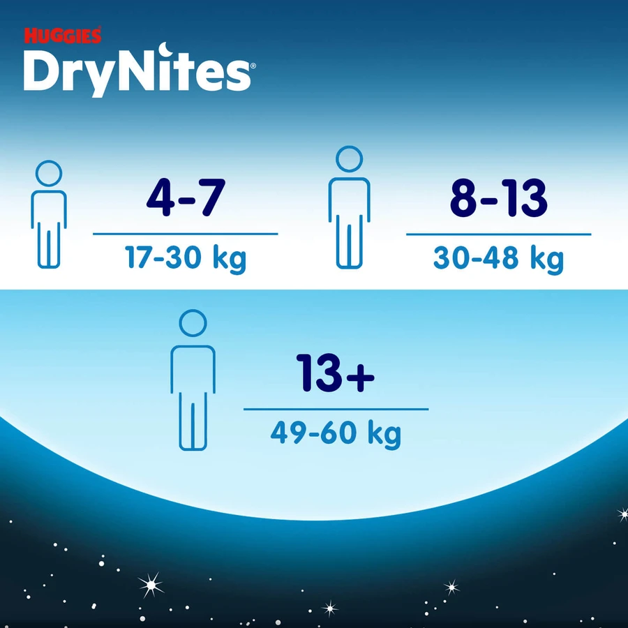 Huggies DryNites, overnight briefs for boys, 8 -13 years, 30-48 kg, 9 pieces