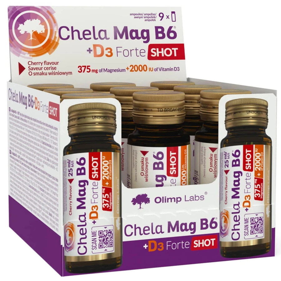 Olimp Chela-Mag B6 + D3 Forte Shot, ampullen, kersensmaak, 9 x 25 ml
