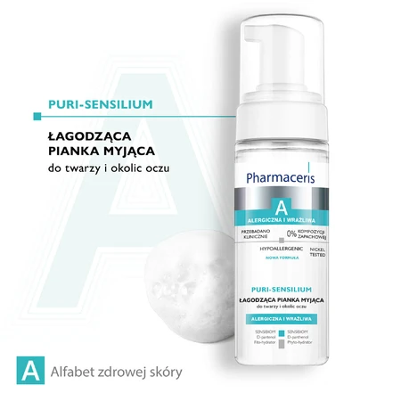 Pharmaceris A Puri-Sensilium, mousse nettoyante apaisante pour le visage et le contour des yeux, 150 ml