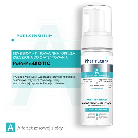 Pharmaceris A Puri-Sensilium, mousse nettoyante apaisante pour le visage et le contour des yeux, 150 ml