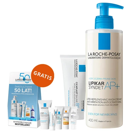Set La Roche-Posay Cicaplast Baume B5+, verzachtende regenererende lotion, 100 ml + Lipikar Syndet AP+, reinigingscrème voor het lichaam, vanaf de geboorte, 400 ml + gratis miniproductdoosje