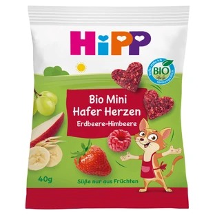 HiPP Havermout Hartjes Bio, fruit en granen koekjes, aardbei-framboos, vanaf 3 jaar, 40 g