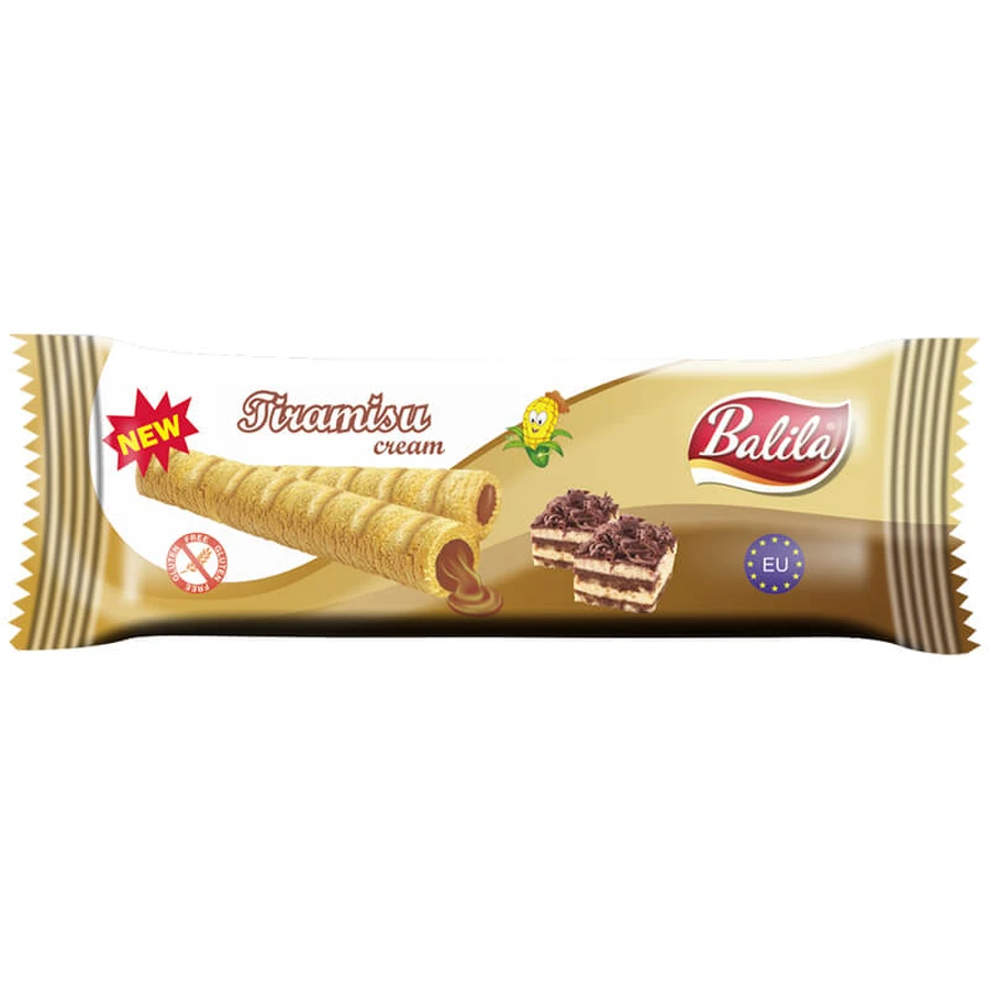 Balila, tubos de harina de maíz con sabor a tiramisú y nata, sin gluten, 18 g