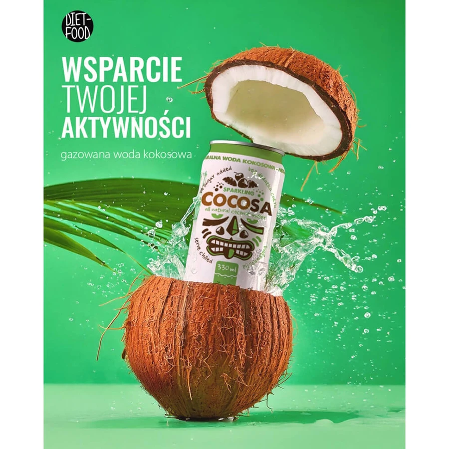 Diet-Food Cocosa Sparkling Coconut Water, agua de coco carbonatada, 330 ml
