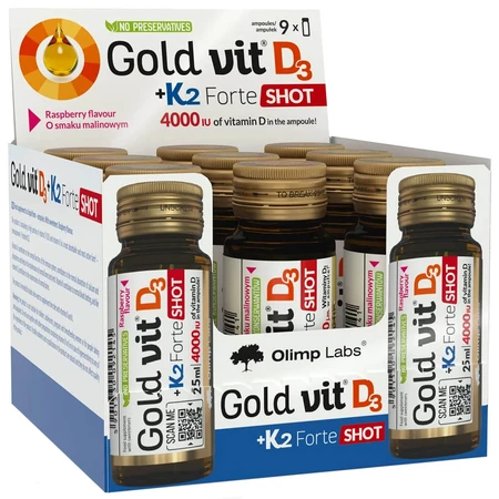 Olimp Gold-Vit D3 + K2 Forte Shot, fiolă de sticlă, aromă de zmeură, 9 x 25 ml