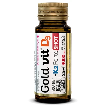 Olimp Gold-Vit D3 + K2 Forte Shot, fiolă de sticlă, aromă de zmeură, 9 x 25 ml