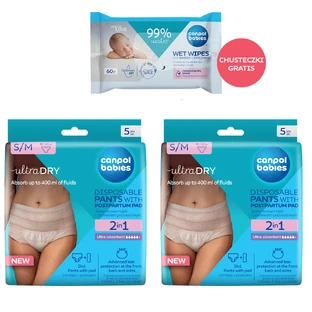 Canpol Babies set, 2-in-1 slip postnatal respirant, avec coussinets, jetable, taille S/M, 2 x 5 pcs + lingettes humides, 60 pcs gratuit