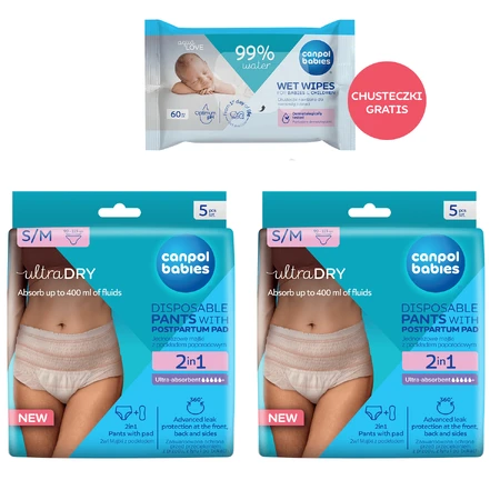 Canpol Babies set, 2-in-1 slip postnatal respirant, avec coussinets, jetable, taille S/M, 2 x 5 pcs + lingettes humides, 60 pcs gratuit