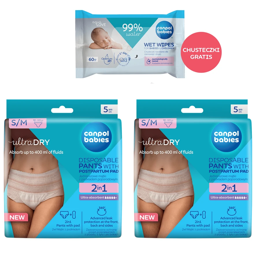 Canpol Babies set, 2-in-1 slip postnatal respirant, avec coussinets, jetable, taille S/M, 2 x 5 pcs + lingettes humides, 60 pcs gratuit