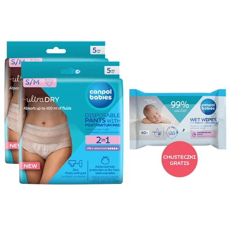 Canpol Babies set, 2-in-1 slip postnatal respirant, avec coussinets, jetable, taille S/M, 2 x 5 pcs + lingettes humides, 60 pcs gratuit