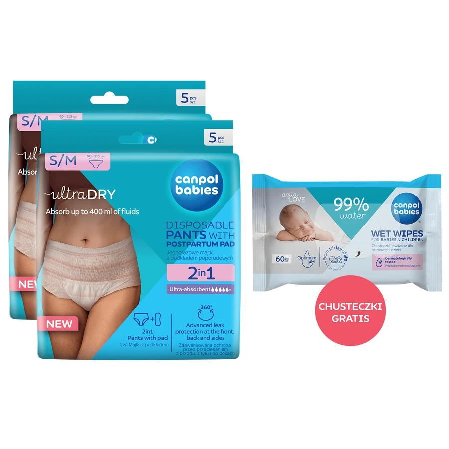 Canpol Babies set, 2-in-1 slip postnatal respirant, avec coussinets, jetable, taille S/M, 2 x 5 pcs + lingettes humides, 60 pcs gratuit