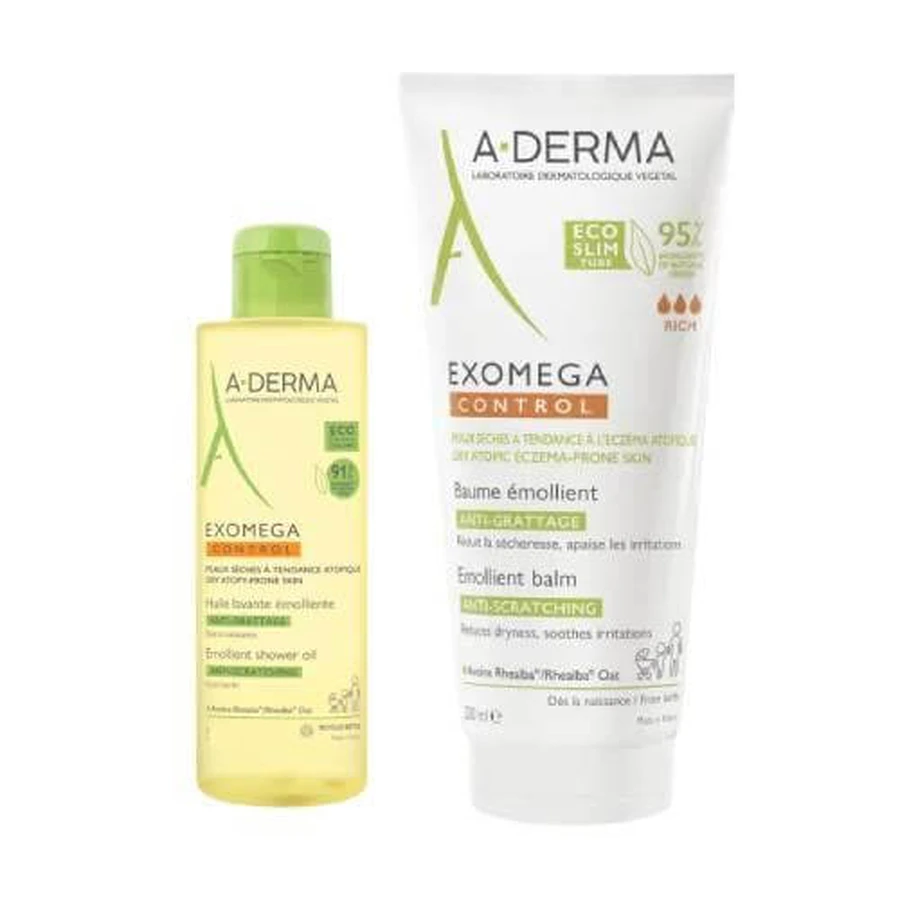 A-Derma Exomega Control Set Loción emoliente antiarañazos, 200 ml + Aceite emoliente de ducha, 50 ml