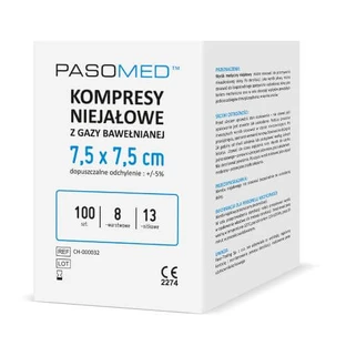 Pasomed unsterile, 8-lagige, 17-fädige Kompressen 7,5 cm x 7,5 cm, 100 Stück