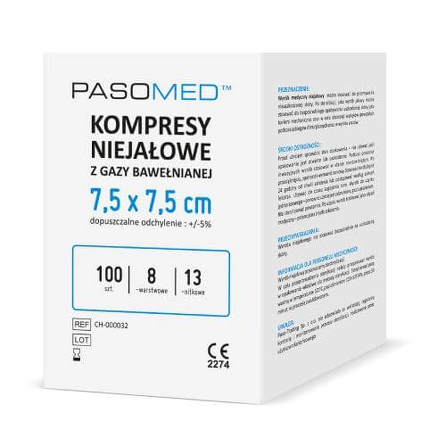 Pasomed unsterile, 8-lagige, 17-fädige Kompressen 7,5 cm x 7,5 cm, 100 Stück