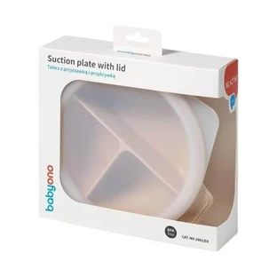 BabyOno Assiette en silicone avec ventouse et couvercle beige, 1 pc