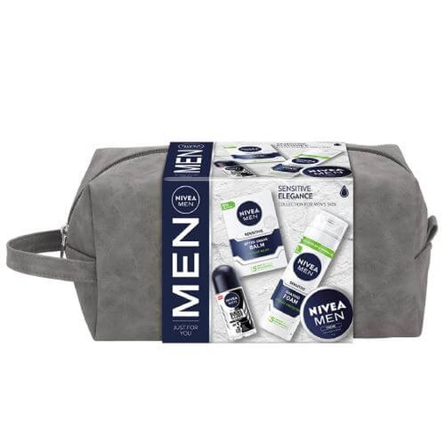 NIVEA MEN Sensitive Elegance Set Espuma de Afeitar Calmante, 200ml + Bálsamo After Shave, 100ml + Crema Multiusos, 75ml + Black&White Invisible Original Antitranspirante, 50ml