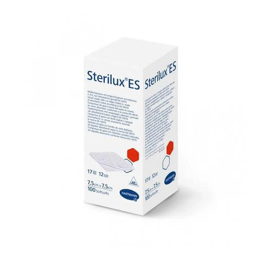 STERILUX ES unsterile 17-fädige 12-lagige Mulltupfer 7,5cm x 7,5cm, 100 Stück.