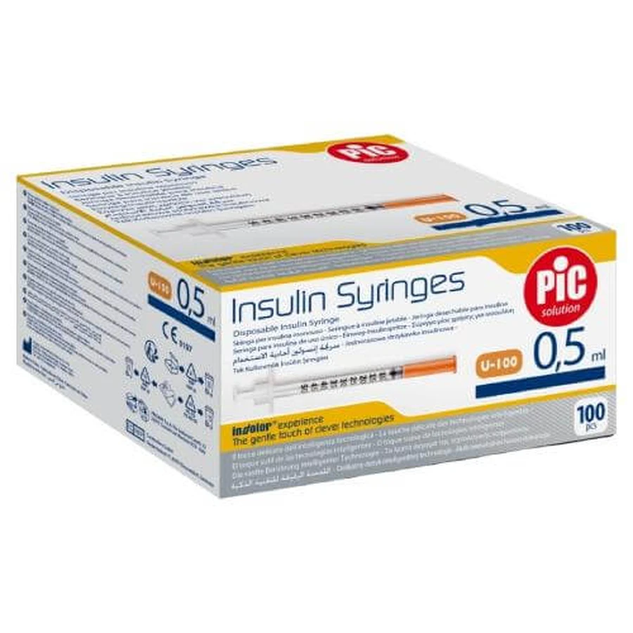 PIC Insulin Syringes Disposable insulin syringe 0.5 ml G29 0.33 mm x 12.7 mm, 100 pcs.