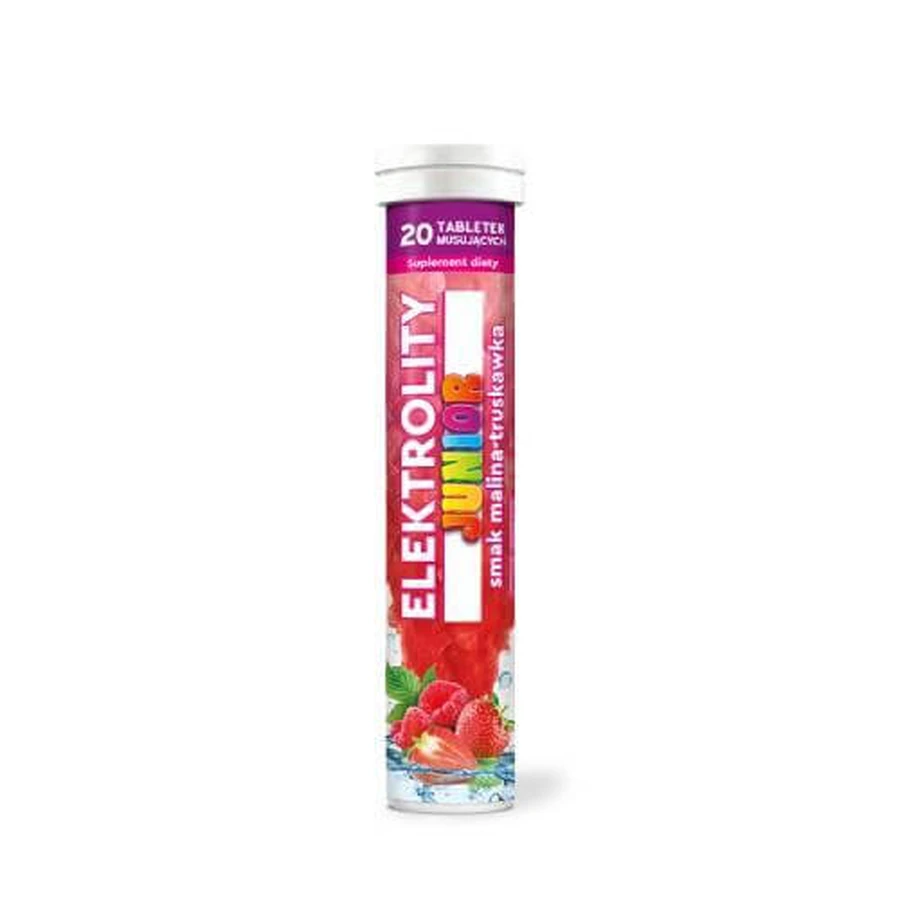 Electrolytes Junior with raspberry and strawberry flavor, 20 mousse tablets.