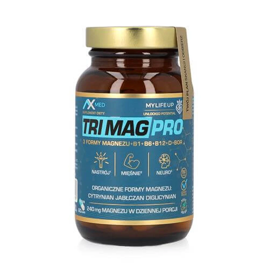 AX MED Tri Mag Pro magnesium 3 vormen +B1+B6+B12+D3+Bor, citraat, malaat, diglycinaat, 60 capsules