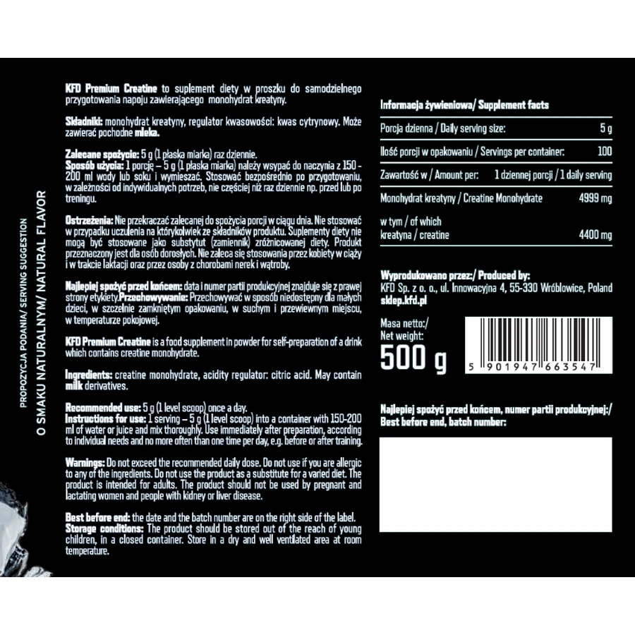 KFD Creatina Monohidrato sabor natural, 500 g