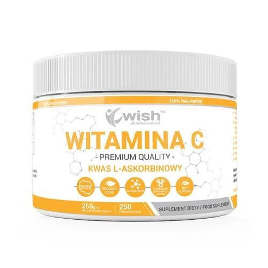 Wish Pharmaceutical Vitamina C L-Ácido ascórbico en polvo vegetal, 250 g