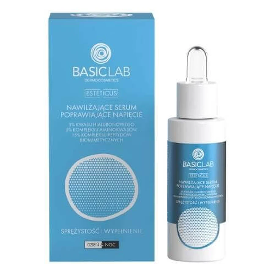 BASICLAB Suero hidratante para mejorar la tensión 3% de ácido hialurónico, 5% de complejo de aminoácidos y 15% de complejo de péptidos biomiméticos, 30 ml