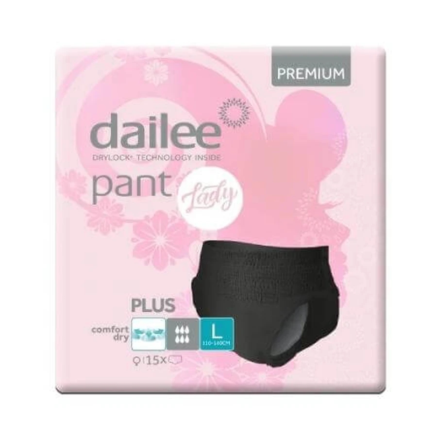 DAILEE Pantalon Lady Plus Noir PREMIUM L Slip absorbant pour les personnes actives, 15pcs