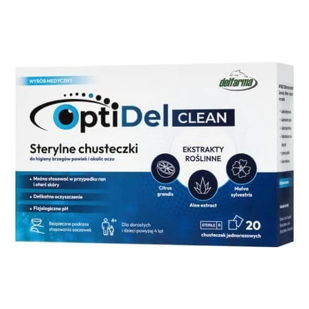 OptiDel Clean Steriele Doekjes voor hygiëne van de ooglidranden en het gebied rond de ogen, 20 stuks