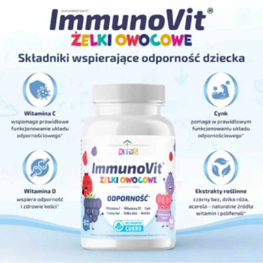 Home Pharmacy ImmunoVit gelée de fruits sans sucre pour enfants 3+ saveur fruits de la forêt, 60 pcs