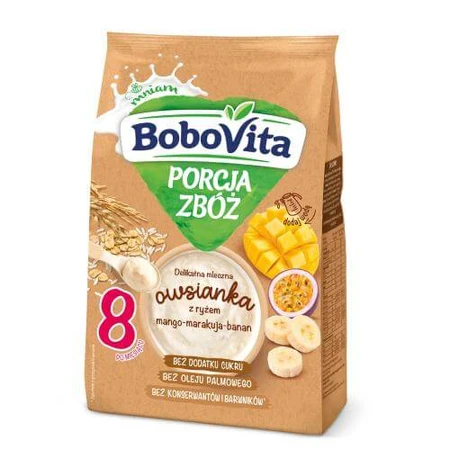 BoboVita Porcja zboża Flocons d'avoine délicatement lactés au riz mangue-maracuja-banane, 210g