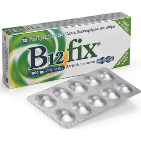 UNI-PHARMA B12 fix Vitamin für die Gesundheit des Nervensystems 1000mcg 30 Tabletten