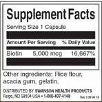 Swanson Biotina Vitamina para Cabello, Piel y Uñas 5000mcg 100 cáps.