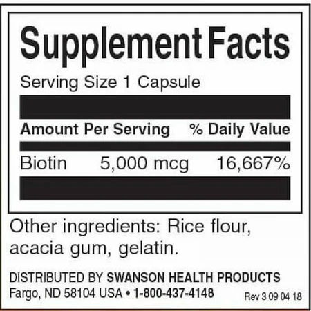 Swanson Biotina Vitamina para Cabello, Piel y Uñas 5000mcg 100 cáps.