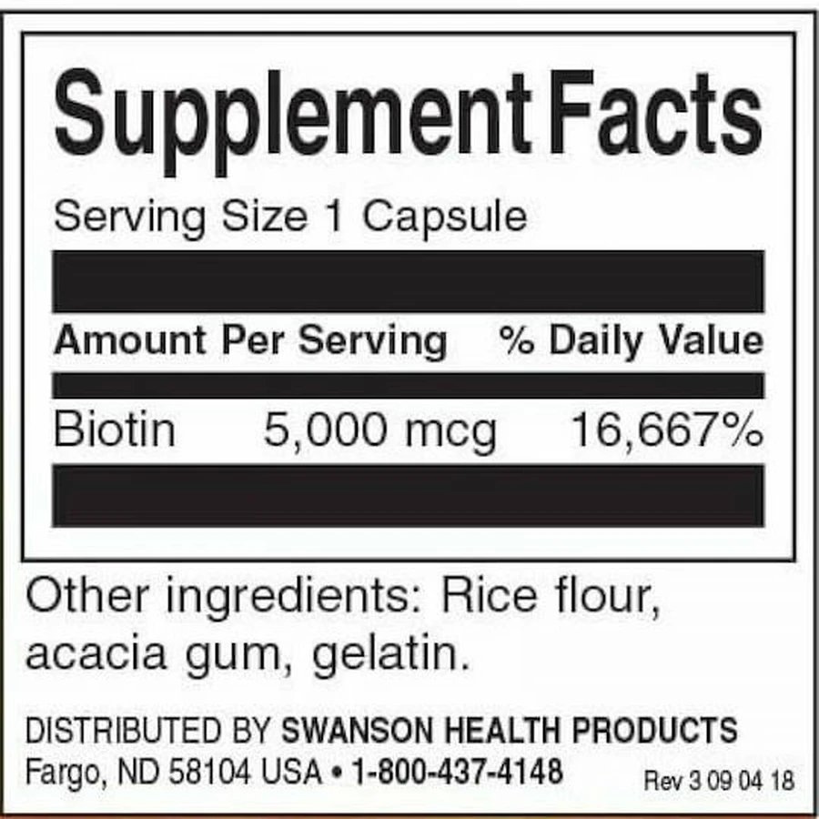 Swanson Biotina Vitamina para Cabello, Piel y Uñas 5000mcg 100 cáps.