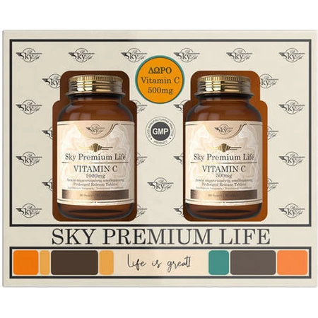 Sky Premium Life Vitamina C 1000mg & Vitamina C 500mg Vitamina C 1000mg 60 compresse & Vitamina C 500mg 60 compresse per il rafforzamento del sistema immunitario, la pelle e l'azione antiossidante
