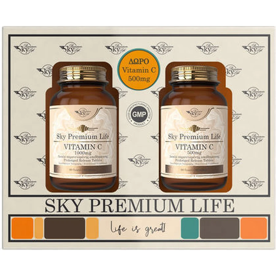 Sky Premium Life Vitamina C 1000mg & Vitamina C 500mg Vitamina C 1000mg 60 compresse & Vitamina C 500mg 60 compresse per il rafforzamento del sistema immunitario, la pelle e l'azione antiossidante