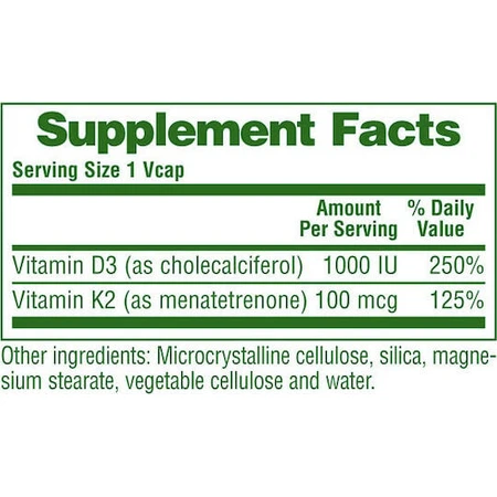 Nature's Plus Vit D3/ Vit K2 Vitamin for Immune System Strengthening & Egg Health 1000iu 90 cápsulas vegetales