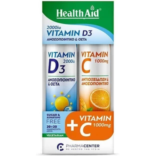 Health Aid Vitamina D3 Vitamina para el fortalecimiento del sistema inmunológico y la salud de los huevos 2000iu 1000mg Naranja 2 x 20 comprimidos