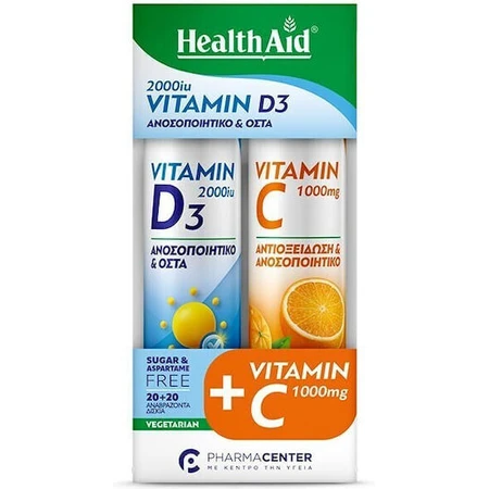 Health Aid Vitamina D3 Vitamina para el fortalecimiento del sistema inmunológico y la salud de los huevos 2000iu 1000mg Naranja 2 x 20 comprimidos