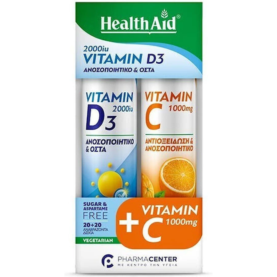 Health Aid Vitamina D3 Vitamina para el fortalecimiento del sistema inmunológico y la salud de los huevos 2000iu 1000mg Naranja 2 x 20 comprimidos