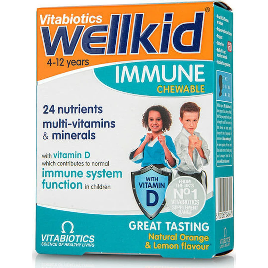 Vitabiotics Wellkid Immune Supplement for Immune System Strengthening 30 chewable tablets Orange Lemon