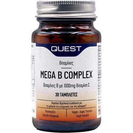 Quest Mega B Complex met 1000mg Vitamine C Vitamine voor energie, immuunsysteem en ondersteuning van het zenuwstelsel 1000mg 30 tabletten