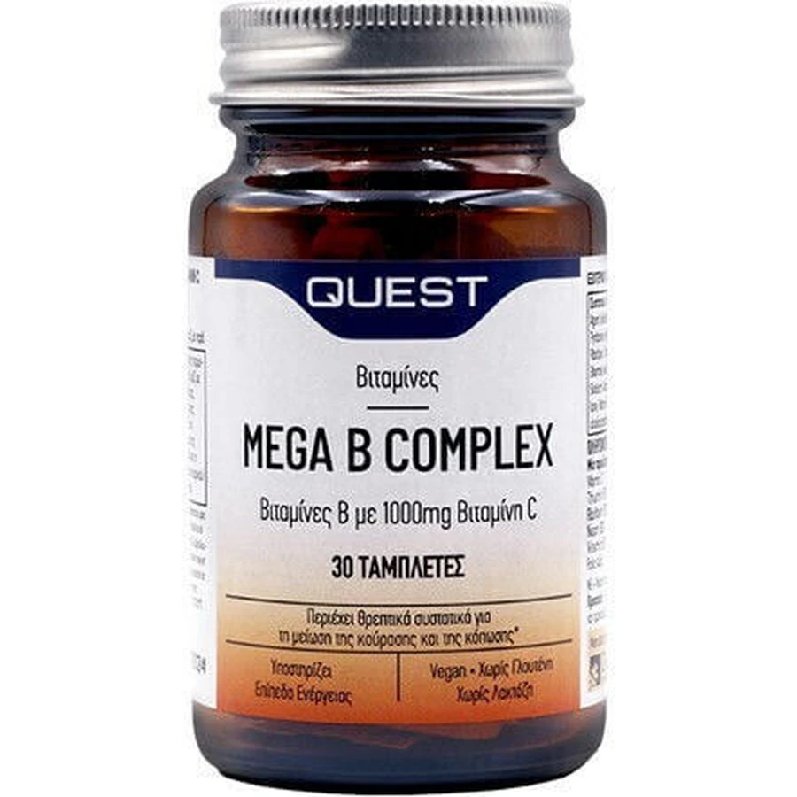 Quest Mega B Complex met 1000mg Vitamine C Vitamine voor energie, immuunsysteem en ondersteuning van het zenuwstelsel 1000mg 30 tabletten