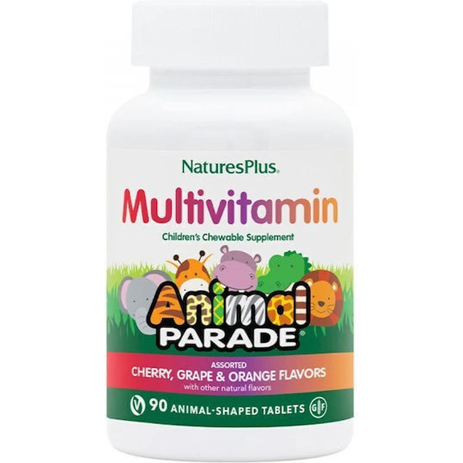 Nature's Plus Animal Parade Kinder Kautabletten Kinder Kautabletten Multi-Assorted F Multivitamin für Immunsystem Stärkung Kirsche Orange Traube 90 Kautabletten