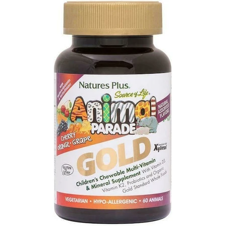 Nature's Plus Animal Parade GOLD Multivitamin for Immune System Strengthening Cherry Orange Grape 60 chewable tablets